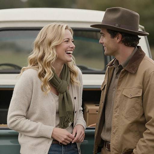 Laughing Couple Beside Vintage Truck