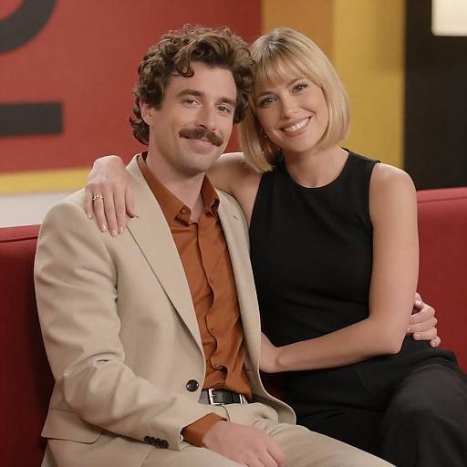 Smiling Couple on Vibrant Red Couch