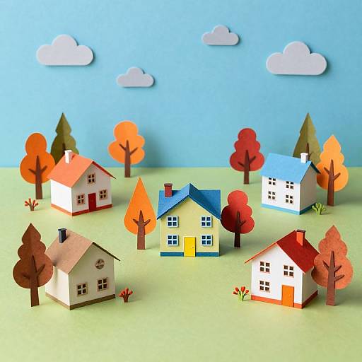 Colorful paper-crafted village with five houses, orange and red autumn trees, green grass, and blue sky with white clouds. Whimsical,