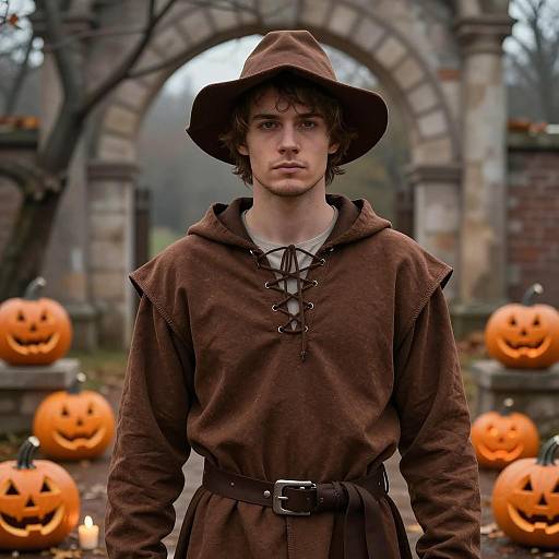 Young Man in Brown Medieval Outfit with Halloween Pumpkins