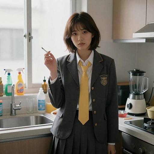 Young Woman in School Uniform Smoking in Kitchen