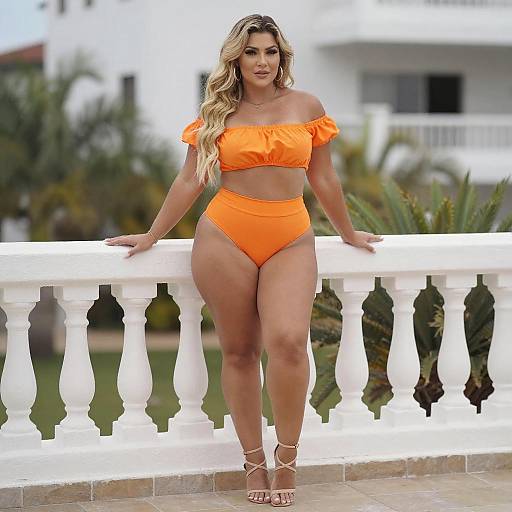 Confident Curvy Woman in Orange Bikini