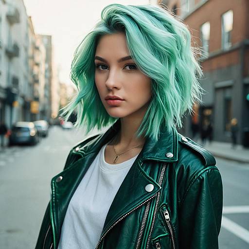 Fashion Model with Mint Green Hair in Leather Jacket