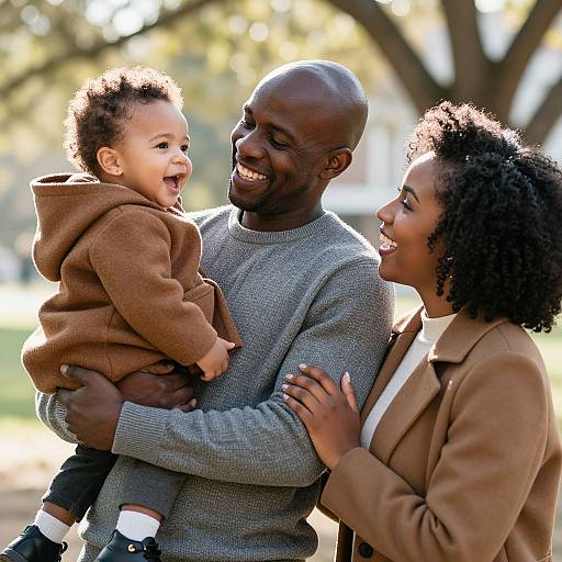 Photograph of a smiling Black family: bald father in gray sweater, curly-haired mother in brown blazer, holding laughing toddler in brown hoodie, standing