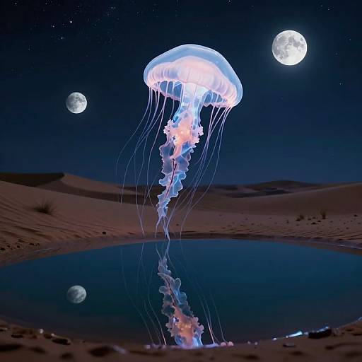 Digital artwork of a glowing blue jellyfish with translucent tentacles floating in a desert oasis pool under a starry night sky with three moons.