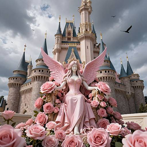 Digital art of a pink-winged angel in a pink dress, surrounded by roses, in front of a fairy-tale castle with blue spires and