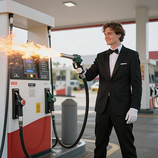 Man in Suit Shooting Flame from Gas Pump Nozzle