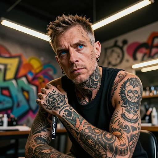 Photograph of a heavily tattooed, blue-eyed, short-haired man with a black tank top and piercings, sitting in a graffiti-decor