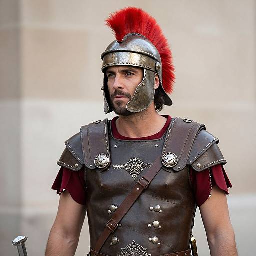 Photograph of a bearded man in ancient Greek-style armor, featuring a red plume, metallic helmet, dark leather chest piece, and silver details