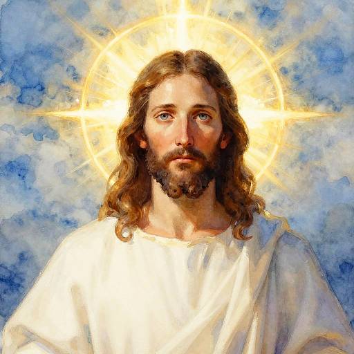 Digital painting of Jesus Christ with long brown hair, beard, blue eyes, and radiant golden halo, wearing a white robe, against a blue and white