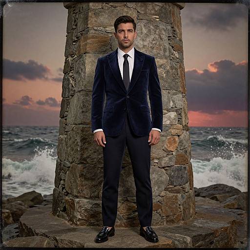 Photograph of a serious, dark-haired man in a black velvet suit, white shirt, and black tie, standing in front of a stone lighthouse
