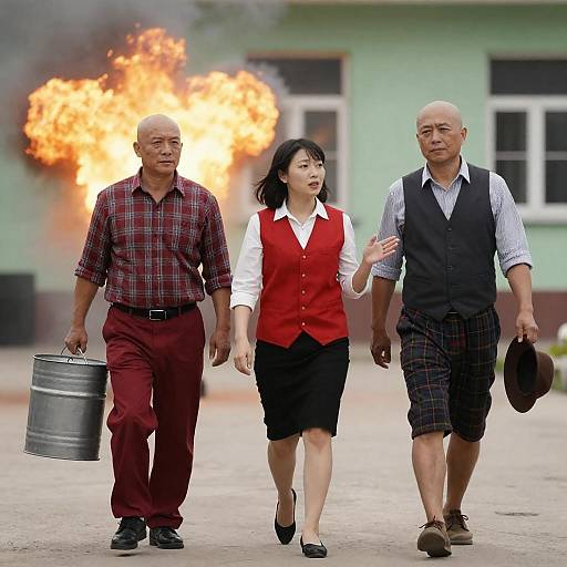 Three People Walking with Explosion Background
