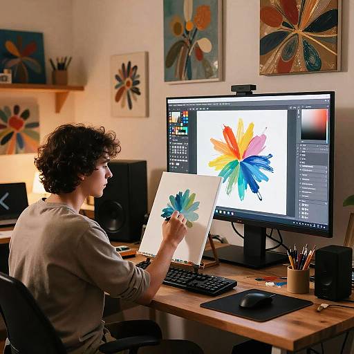 Artist with curly hair, wearing beige shirt, painting digital floral artwork on canvas, seated at desk with dual monitors in colorful, art-filled room.