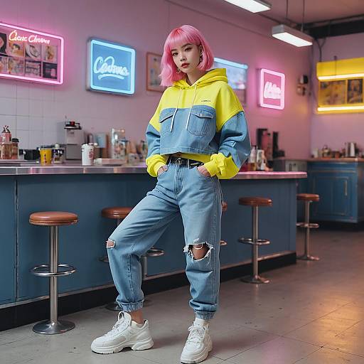 Young woman in low-rise baggy jeans and cropped hoodie in diner