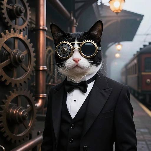Photograph of a black-and-white cat in a Victorian-style black suit and bow tie, wearing steampunk goggles, standing at a foggy train