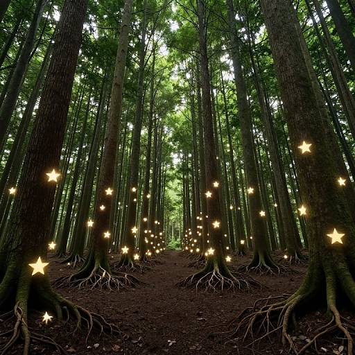 Photograph of a forest with tall, dark trees, illuminated by glowing yellow stars attached to the trunks, creating a magical, ethereal atmosphere.