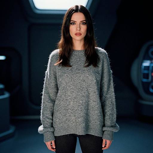 Photograph of a dark-haired woman in a gray, fuzzy sweater and black pants, standing in a dimly lit, futuristic room.