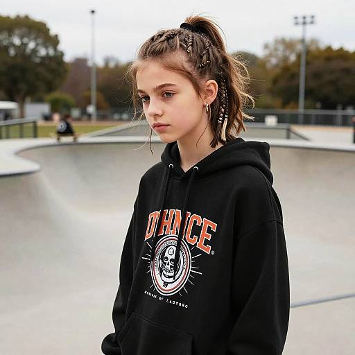 Photograph of a young white girl with braided hair in a black 