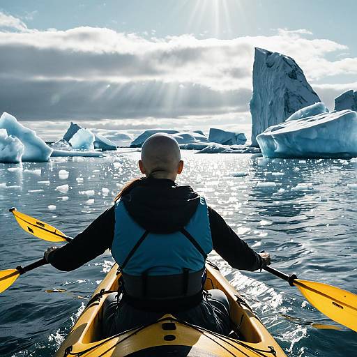 Woman Kayaking Among Icebergs