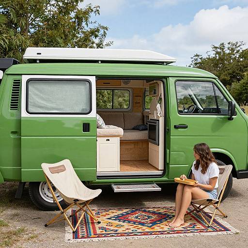 Retro Green Camper Van Life Scene