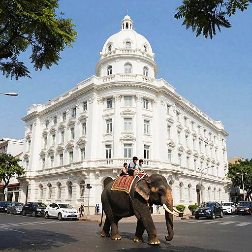 Photograph of a white, domed colonial building with an elephant carrying a rider in colorful attire, crossing a street in front.