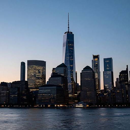 Photograph of New York City skyline at dusk, featuring the illuminated One World Trade Center, surrounded by dark skyscrapers, with a calm river in