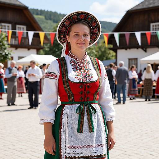 Photograph of a smiling Caucasian woman in traditional Bavarian attire: red bodice, white blouse, green apron, embroidered hat, standing in a