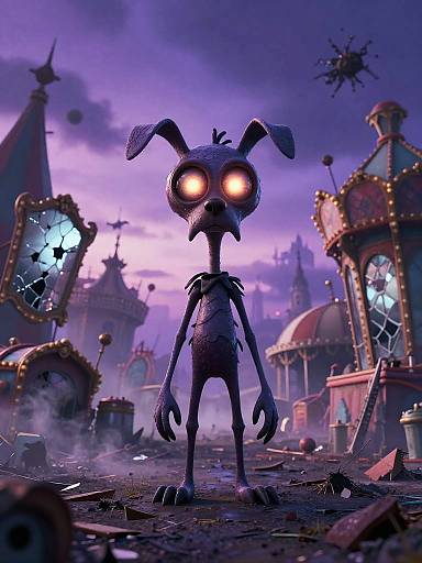 CGI image of a creepy, tall, black rabbit with glowing orange eyes in a dark, steampunk graveyard under a purple, cloudy sky.