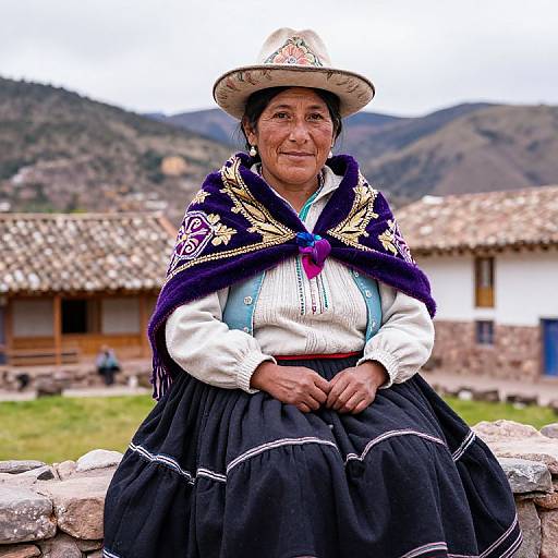 Photograph of an elderly indigenous woman in traditional Andean attire, featuring a wide-brimmed hat, purple shawl with gold patterns, white blouse
