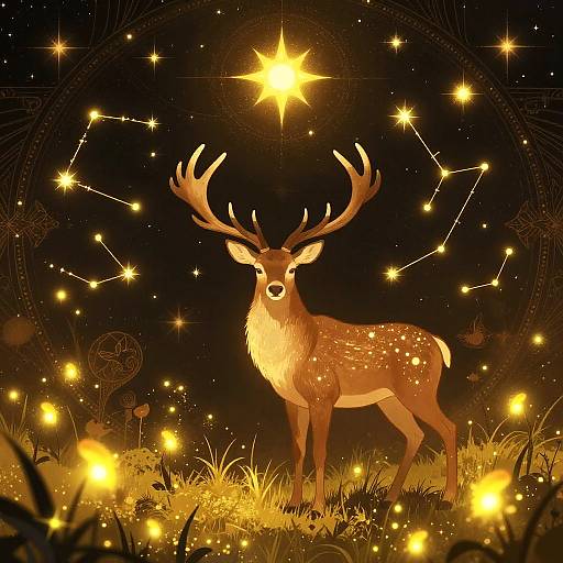 Digital illustration of a majestic deer with glowing antlers standing in a magical, starlit forest, surrounded by twinkling lights and constellations.