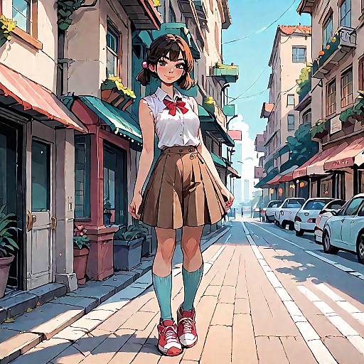 Anime Schoolgirl Standing on City Street