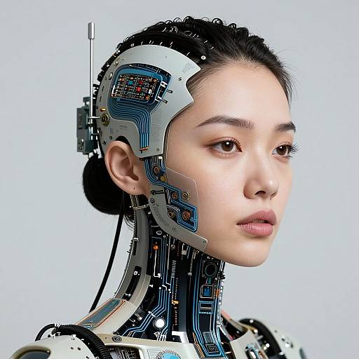 Photorealistic digital art of an Asian woman with cybernetic headgear, featuring intricate blue circuitry and mechanical parts, against a plain light blue