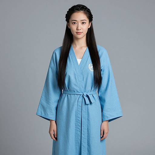 Photograph of an Asian woman with long black braided hair, wearing a light blue kimono-style robe, standing against a plain gray background.