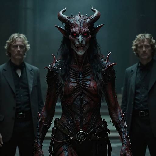 Photograph of a menacing, demonic figure with blood-red skin, horns, skeletal face, and spiked armor, flanked by two grim men in dark