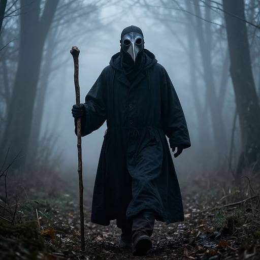 Photograph of a mysterious figure in a dark hooded cloak and eerie mask, holding a staff, walking through a foggy, desolate forest.