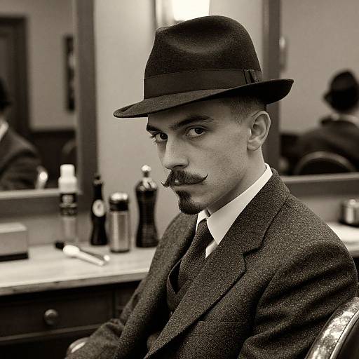 Black-and-white photograph of a serious young man with a mustache, wearing a dark suit, white shirt, and fedora, seated in a barber