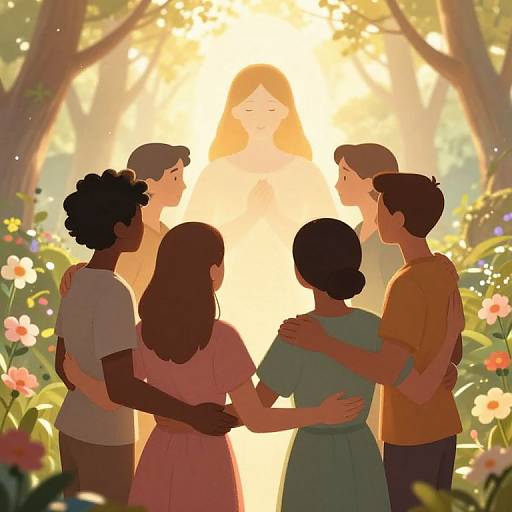 Digital illustration of five diverse children standing in a sunlit forest, facing a glowing, ethereal figure with orange hair in the background. Surrounding them