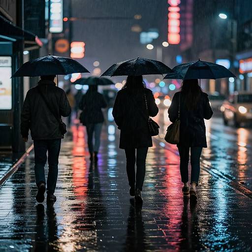 Photograph of four silhouetted people holding umbrellas, walking on a rainy city street with vibrant neon lights reflecting on wet pavement.