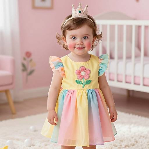 Photograph of a curly-haired toddler girl with fair skin, wearing a yellow pastel dress with a pink flower, blue and pink ruffles, and