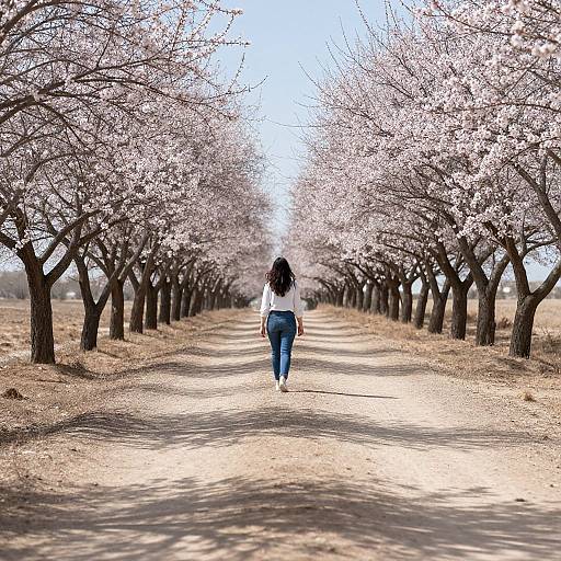 Photograph of a woman in white blouse and blue jeans walking down a cherry blossom-lined path, with trees on both sides.