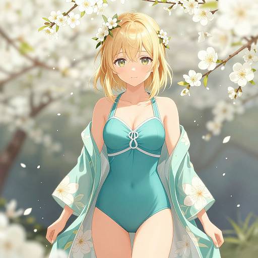 Anime-style digital drawing of a blonde woman with green eyes, wearing a turquoise one-piece swimsuit, floral crown, and light kimono, standing under