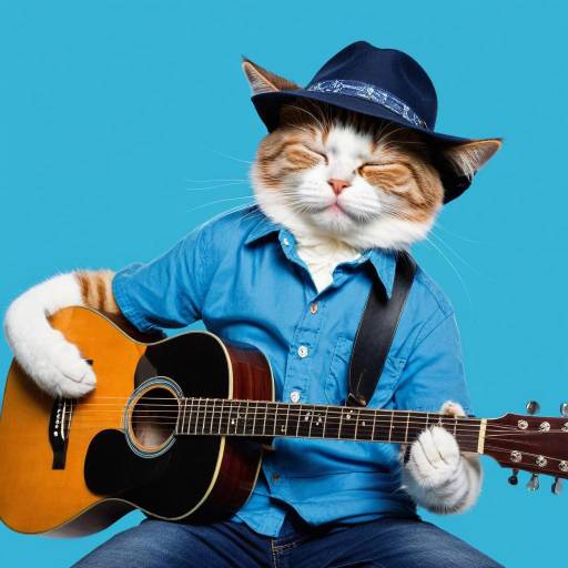 Solo Cat with Guitar on Blue Background