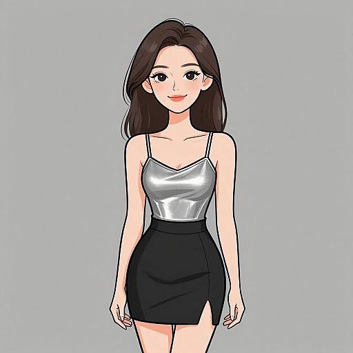 Digital anime-style drawing of a smiling woman with long dark brown hair, wearing a silver tank top and black high-waist skirt, against a light