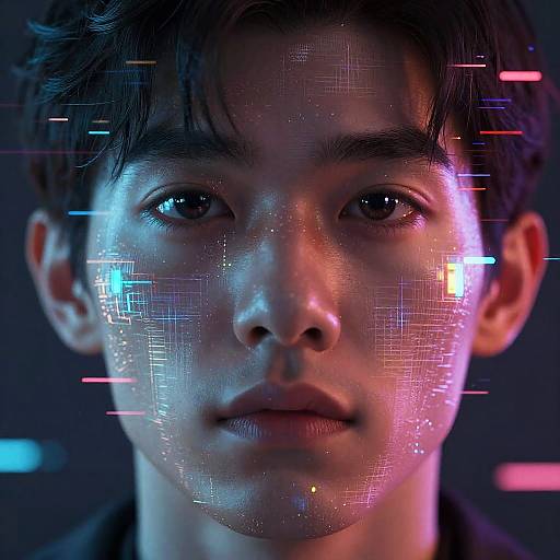 Digital portrait of a young Asian man with dark hair, glowing pixelated light effects on his face, illuminated in blue and pink, against a dark background