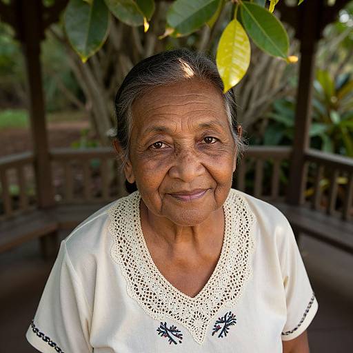 Photograph of an elderly Indian woman with brown skin, gray hair, and wrinkles, wearing a white lace blouse, smiling gently, against a backdrop of