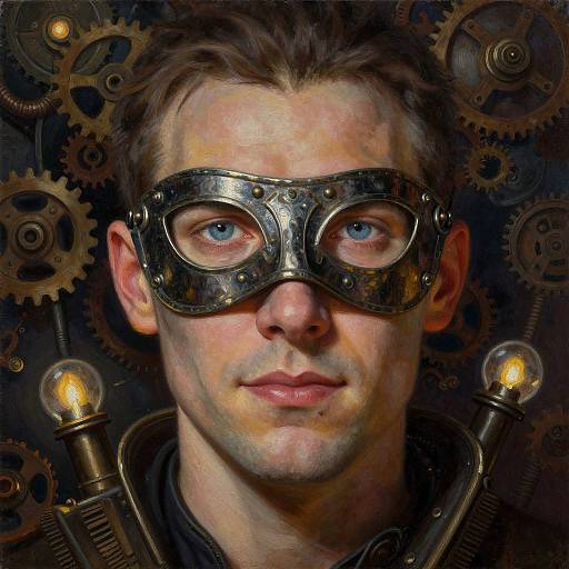 Digital painting of a blue-eyed man with a metallic mask, surrounded by gears and light bulbs, in a steampunk style.