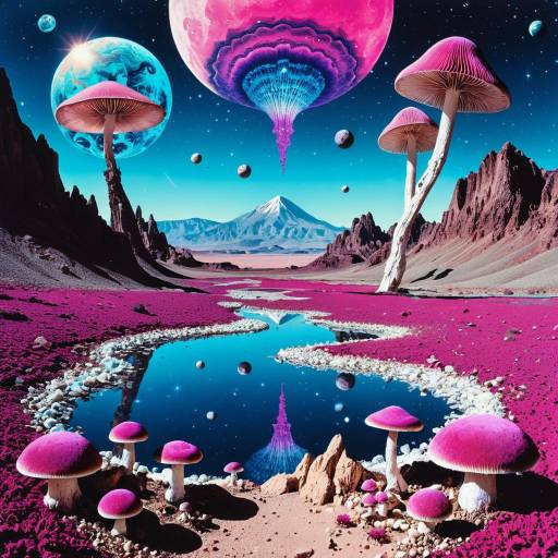 Surreal Psychedelic Alien Landscape with Giant Pink Mushrooms Surreal Psychedelic Alien Landscape with Giant Pink Mushrooms