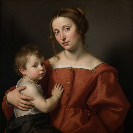 Photorealistic painting of a pale-skinned woman in a red, patterned dress holding a young boy with curly brown hair against a dark background.
