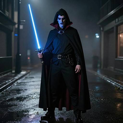 Male Vampire with Blue Lightsaber on Foggy Street