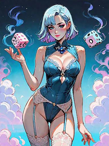 Fantasy Woman in Satin Teddy with Floating Dice